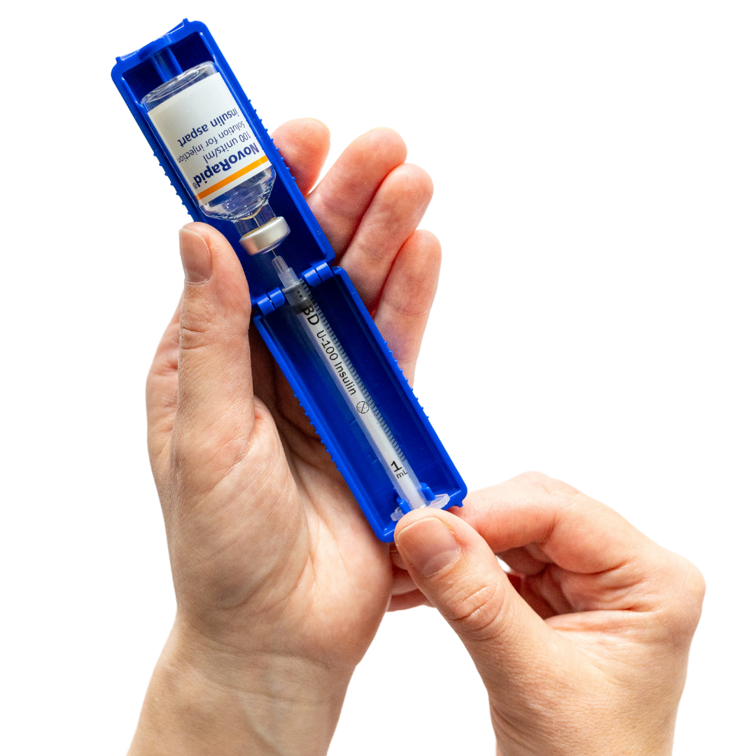 1ml U-100 disposable syringe T1me Vial Syringe Insulin Filling Support (BD Micro-Fine and other insulin syringe), Insulin transfer device for diabetes, Bottle Protector Case, Vial Holder (Blue)