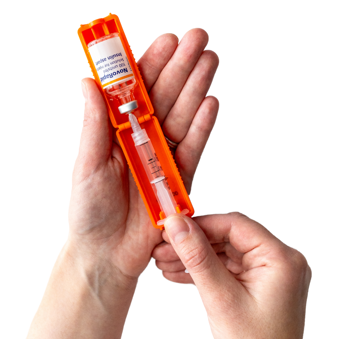 Omnipod T1me Vial Syringe Insulin Filling Support, Insulin transfer device for Type 1 Type 2 diabetes, Bottle Protector Case, Vial Holder (Orange)
