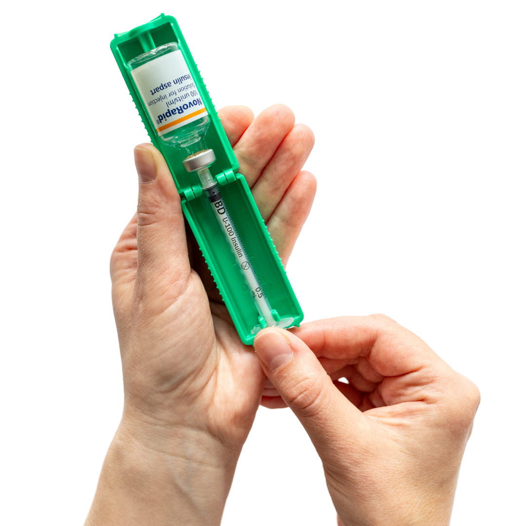 0.5ml U-100 disposable syringe T1me Vial Syringe Insulin Filling Support (BD Micro-Fine and other insulin syringe), Insulin transfer device for diabetes, Bottle Protector Case, Vial Holder (Green)