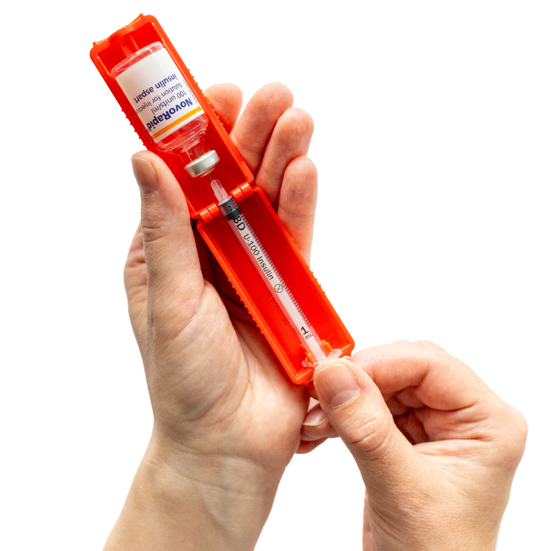 1ml U-100 disposable syringe T1me Vial Syringe Insulin Filling Support (BD Micro-Fine and other insulin syringe), Insulin transfer device for diabetes, Bottle Protector Case, Vial Holder (Red)