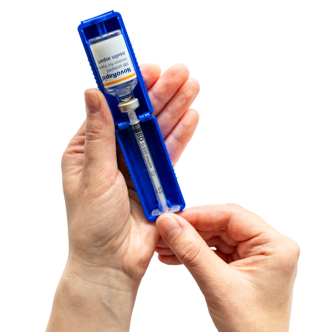 0.5ml U-100 disposable syringe T1me Vial Syringe Insulin Filling Support (BD Micro-Fine and other insulin syringe), Insulin transfer device for diabetes, Bottle Protector Case, Vial Holder (Blue)