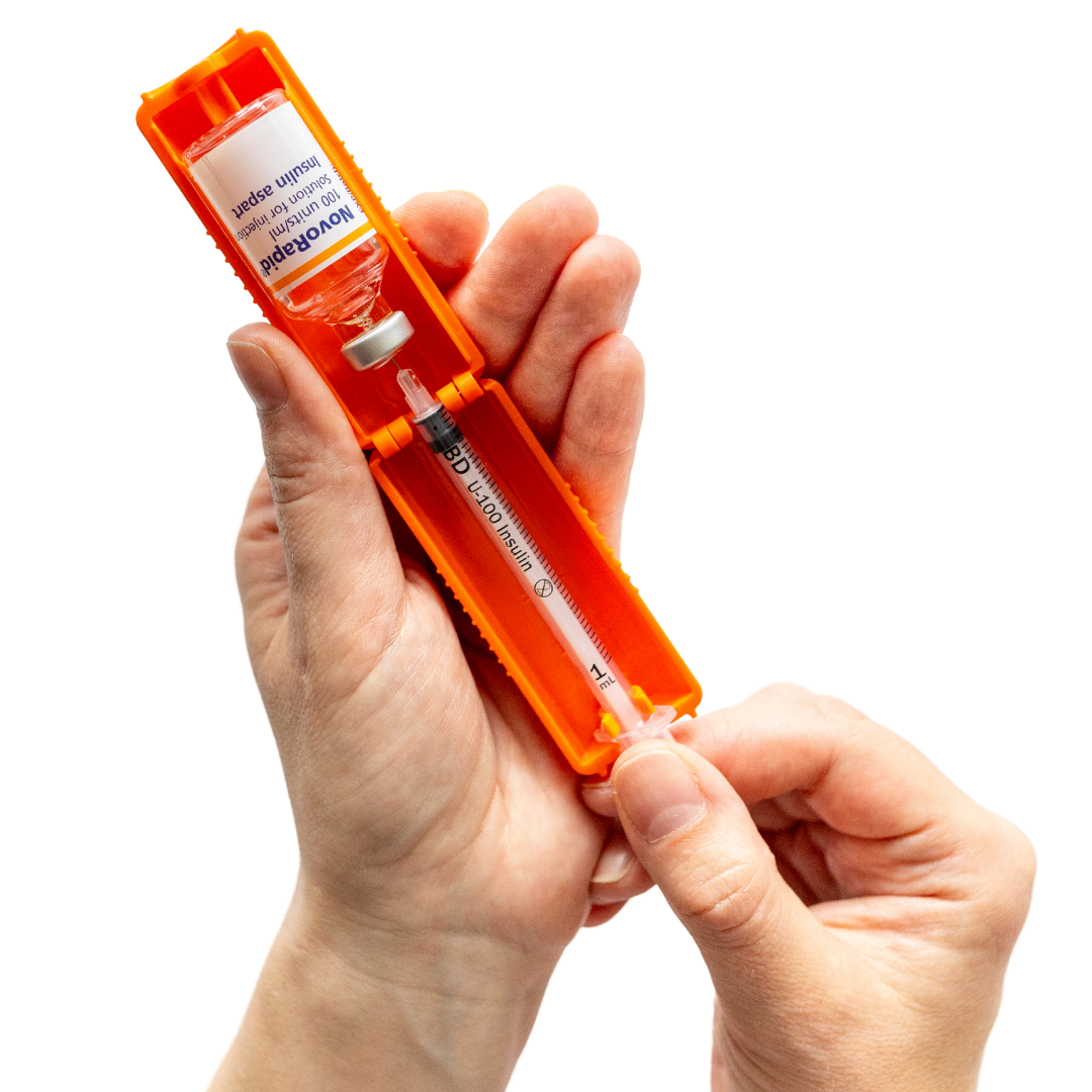 1ml U-100 disposable syringe T1me Vial Syringe Insulin Filling Support (BD Micro-Fine and other insulin syringe), Insulin transfer device for diabetes, Bottle Protector Case, Vial Holder (Orange)