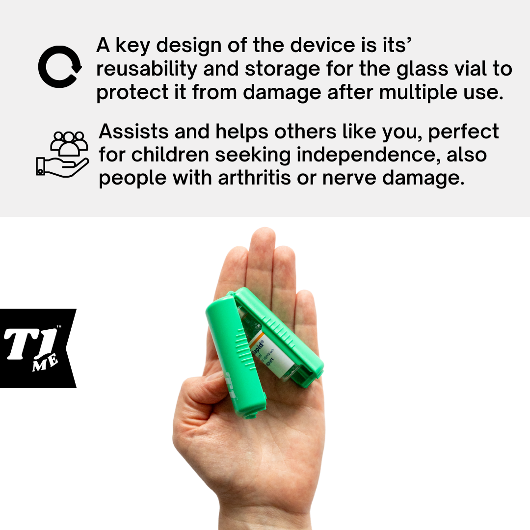 0.5ml U-100 disposable syringe T1me Vial Syringe Insulin Filling Support (BD Micro-Fine and other insulin syringe), Insulin transfer device for diabetes, Bottle Protector Case, Vial Holder (Green)